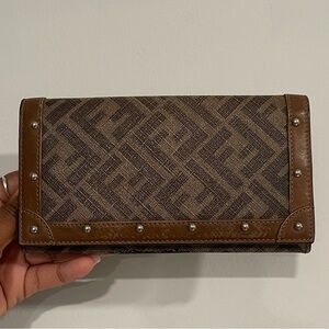 Brown Patterned Wallet with Stud Accents